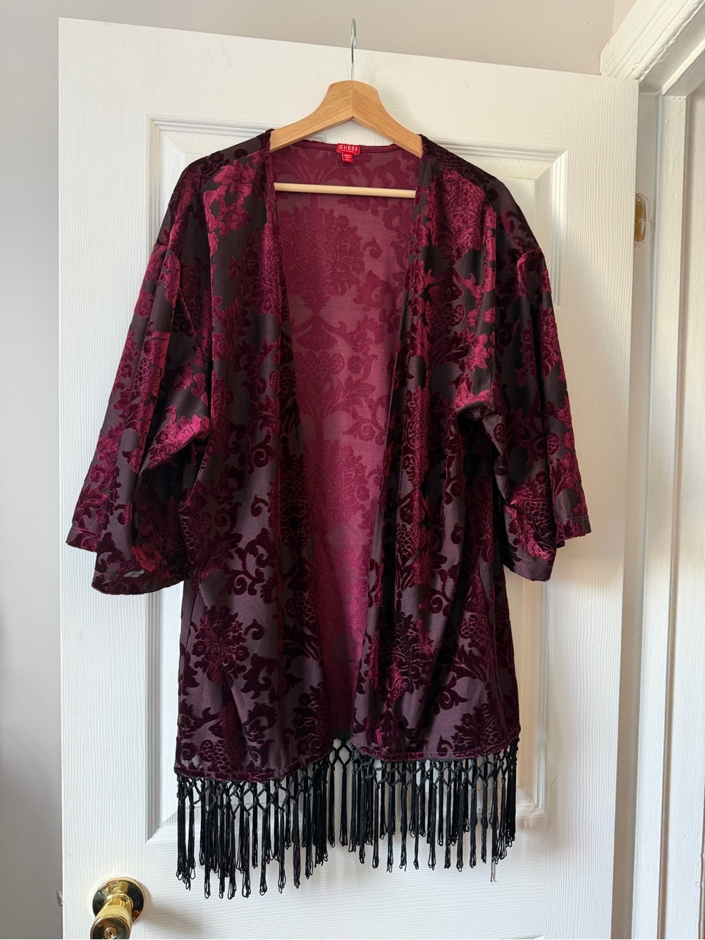 Vintage Guess Gorgeous Velvet Burnout Floral Kimono Robe with Fringe - Burgundy
